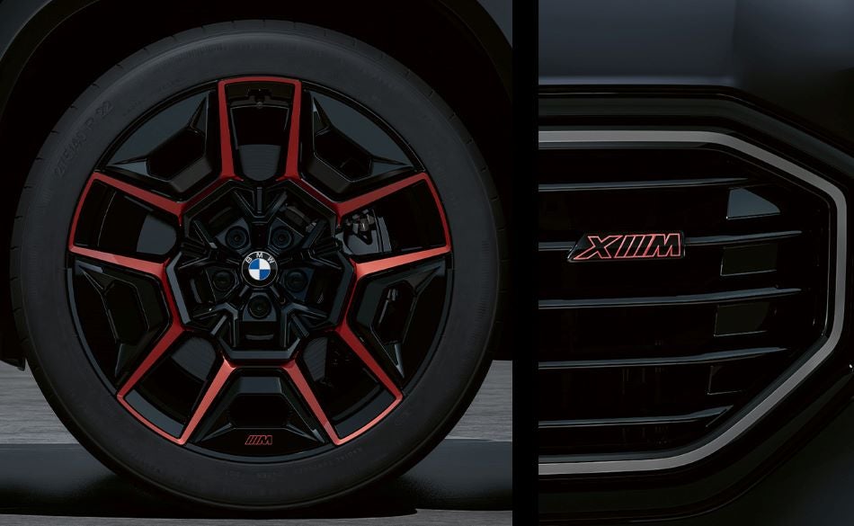 Detailed images of exclusive 22” M Wheels with red accents and XM badging on Illuminated Kidney Grille. in Taylor BMW | Evans GA